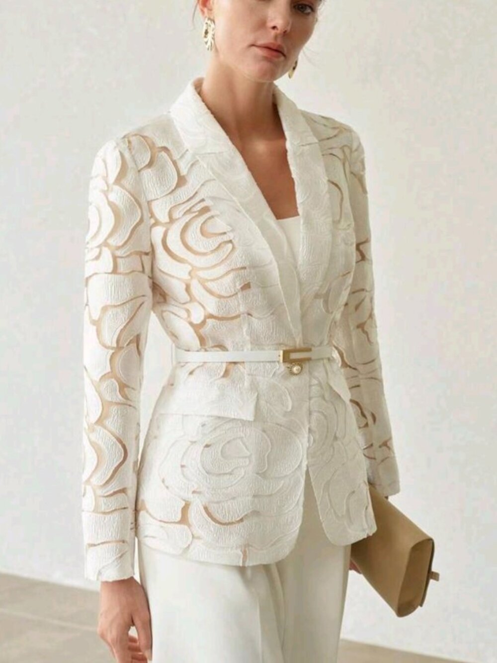 EXQUISITE WAIST-CINCHED ELEGANT LONG SLEEVE TEXTURED EMBROIDERY WOMEN'S BLAZER - Picture 1 of 14